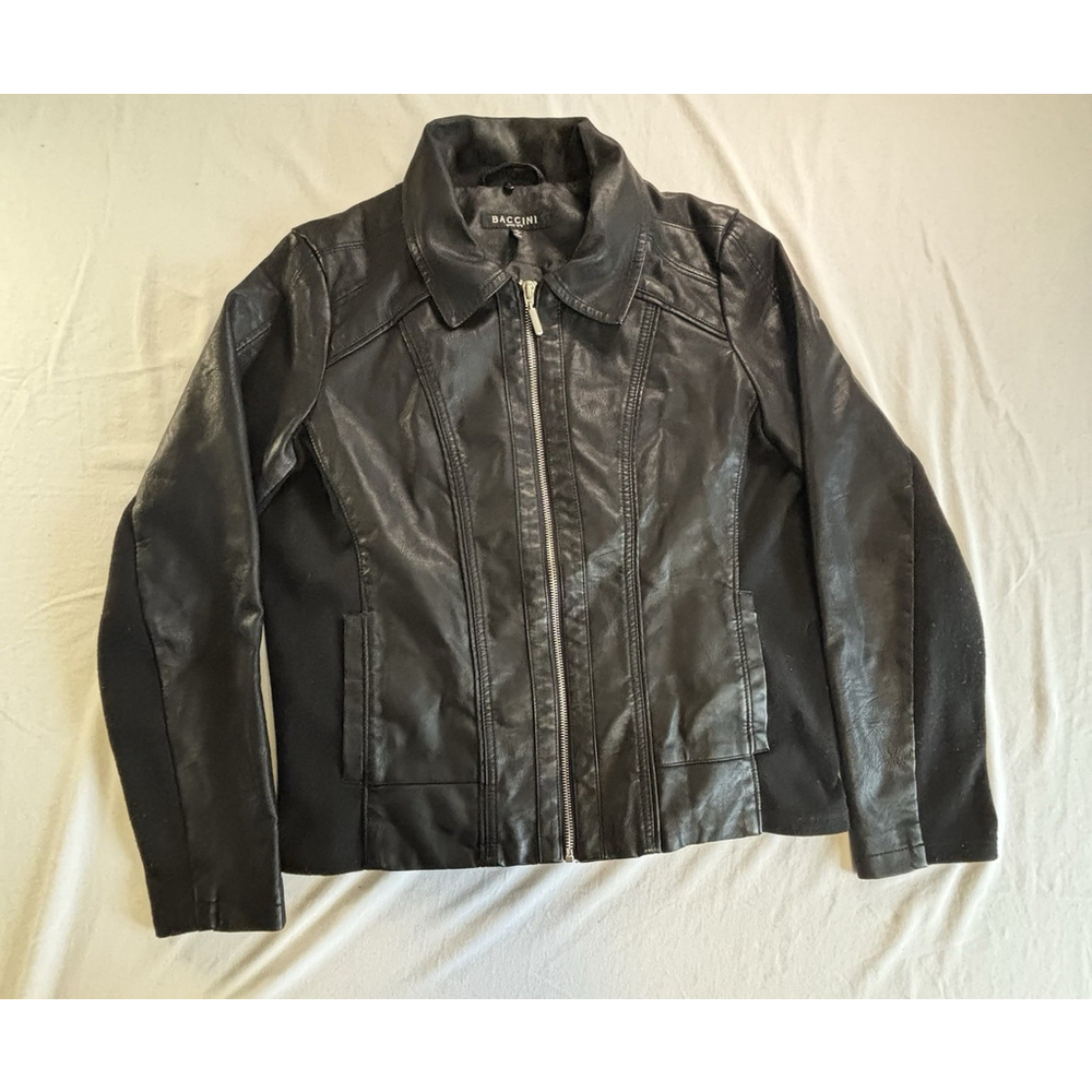 Baccini Size Medium Black Faux‎ Leather Moto Biker Jacket Women’s Zipper Front